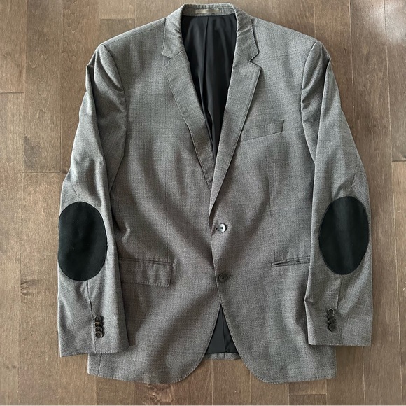 Hugo Boss Other - Hugo Boss Marzotto Woven In Italy Blazer Stretch Tailoring Grey Elbow Patches 44